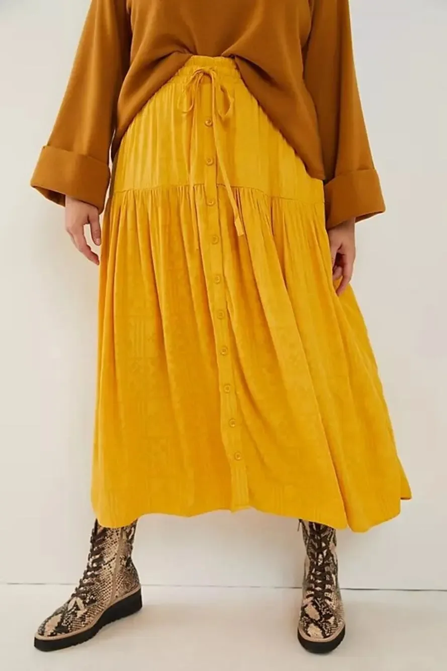 Maeve Carnacion Textured Maxi Skirt Size M Mustard Drawstring Waist Button Front